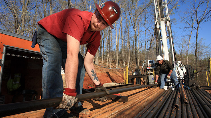 A mine exploration team recovers core samples from an exploration site in southern Missouri.
